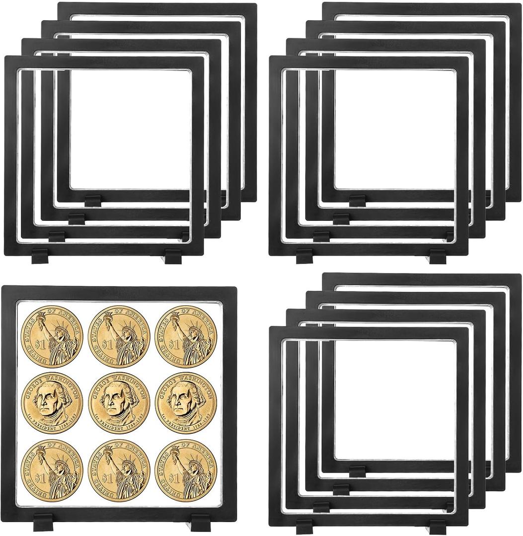 12 Pack Floating Display Case, Black 3D Floating Frame Display Holder Stands, Challenge Coin Stand 3D Coin Case