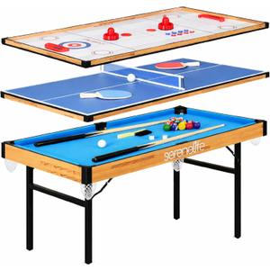 SereneLife 4 in 1 Multi Game Table, 4x2 Folding Portable Sports Arcade Games with Accessories, Ping Pong, Air Hockey, Pool Billiards, and Shuffleboard, for Indoor, Outdoor, All Ages