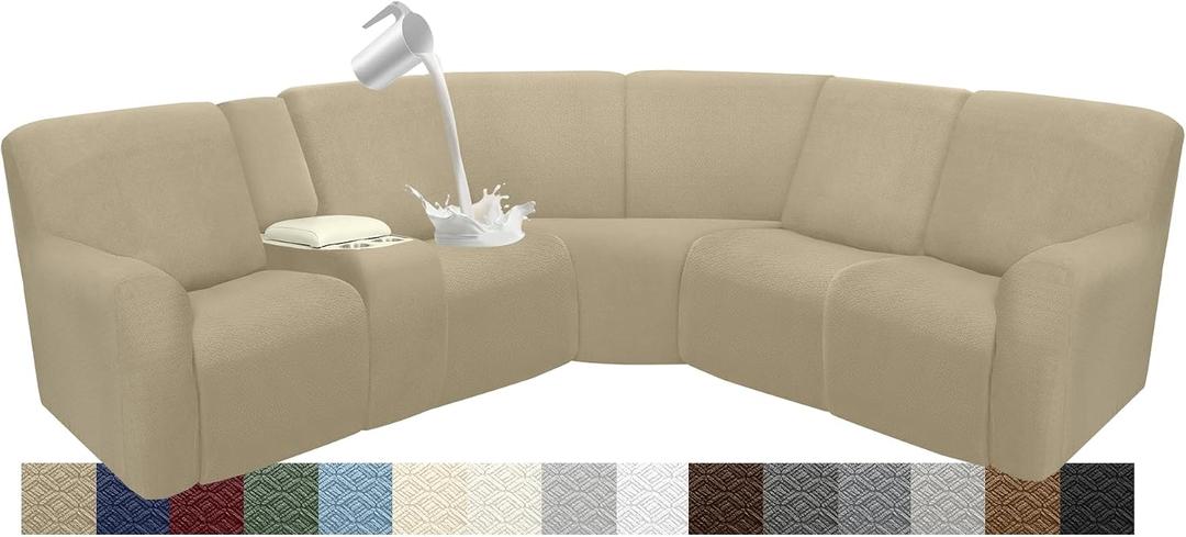 Waterproof Reclining Sectional Couch Covers Washable L Shaped Couch Cover for Sectionals Recliner Sofa Covers Stretch Corner Recliner Slipcovers for Dogs (5 Seater 1 Console Cover, Tan)