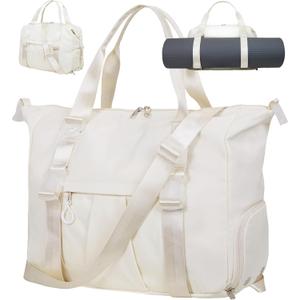 Gym Bag with Yoga Mat Holders, Carry On for Pilates Women & Men with Laptop & Shoe Compartment Large Duffle Travel Weekender Tote with Key Ring Clip Personal Item Workout, Easy to Clean - Beige