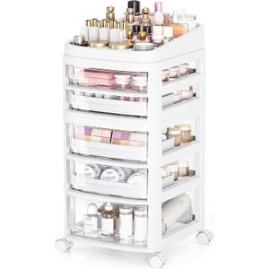 Rolling Cart with 5 Drawers, Clear Plastic Drawer Organizers, Dust Proof Under Desk Storage for Makeup, Skincare, Art Crafts and Baby Items, Acrylic Cosmetic Organizer with Dividers, Vanity Cart