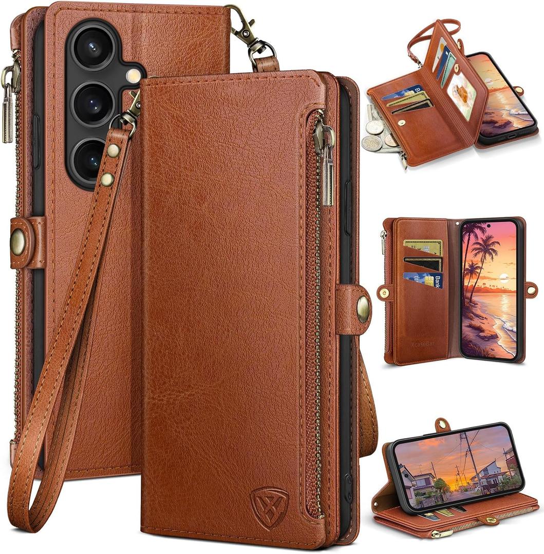 XcaseBar compatible with Samsung Galaxy S25 Plus Wallet case with Zipper Credit Card Holder【RFID Blocking】Flip Folio Book PU Leather Phone case Shockproof Cover Women Men for S25 Plus case Light Brown