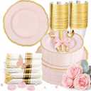 Hioasis 350pcs Pink and gold Plastic Plates - Pink Plastic Dinnerware Set Includes 50 Dinner Plates, 50 Dessert Dinnerware, 50 Cups, 50 Rolled Napkin Cutlery Perfect for Wedding & Mothers Day