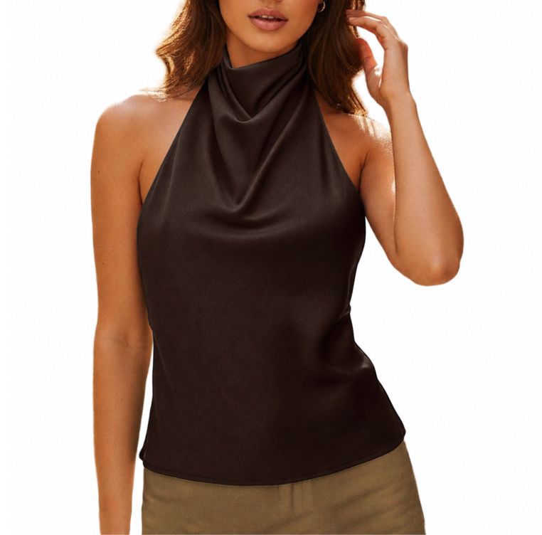 Women's Satin Tank Top Backless Halter Neck Camisole Elegant Draped Front Loose Fit Sexy Summer Tops (Brown, S)