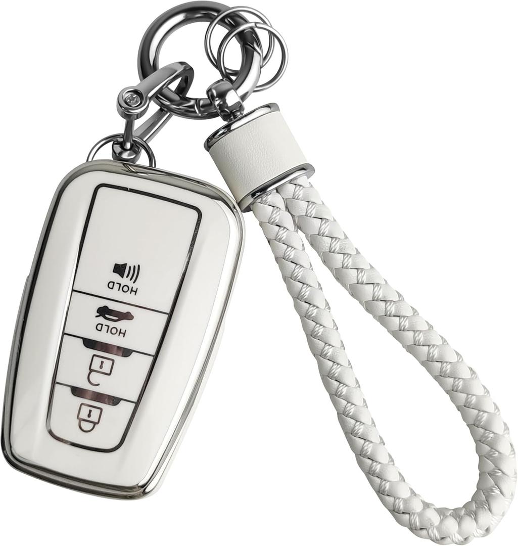 JOYEAR for Toyota Keychain with Key Fob Cover Compatible with 2025 Camry,2021-2024 Venza,Grand Highlander,Hilux,Fortuner, Land Cruiser,2022-2024 Tundra,Corolla Cross,Prius 4 Buttons (Silver-White)