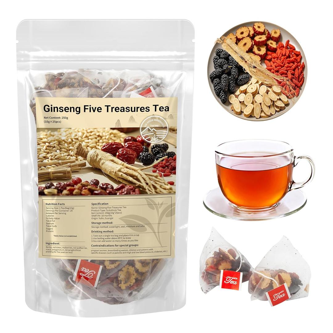 Ginseng Five Treasures Tea  Natural Herbal Detox Tea Bags, Traditional Chinese Blend for Gentle Daily Balance & Kidney Wellness, for Men & Women