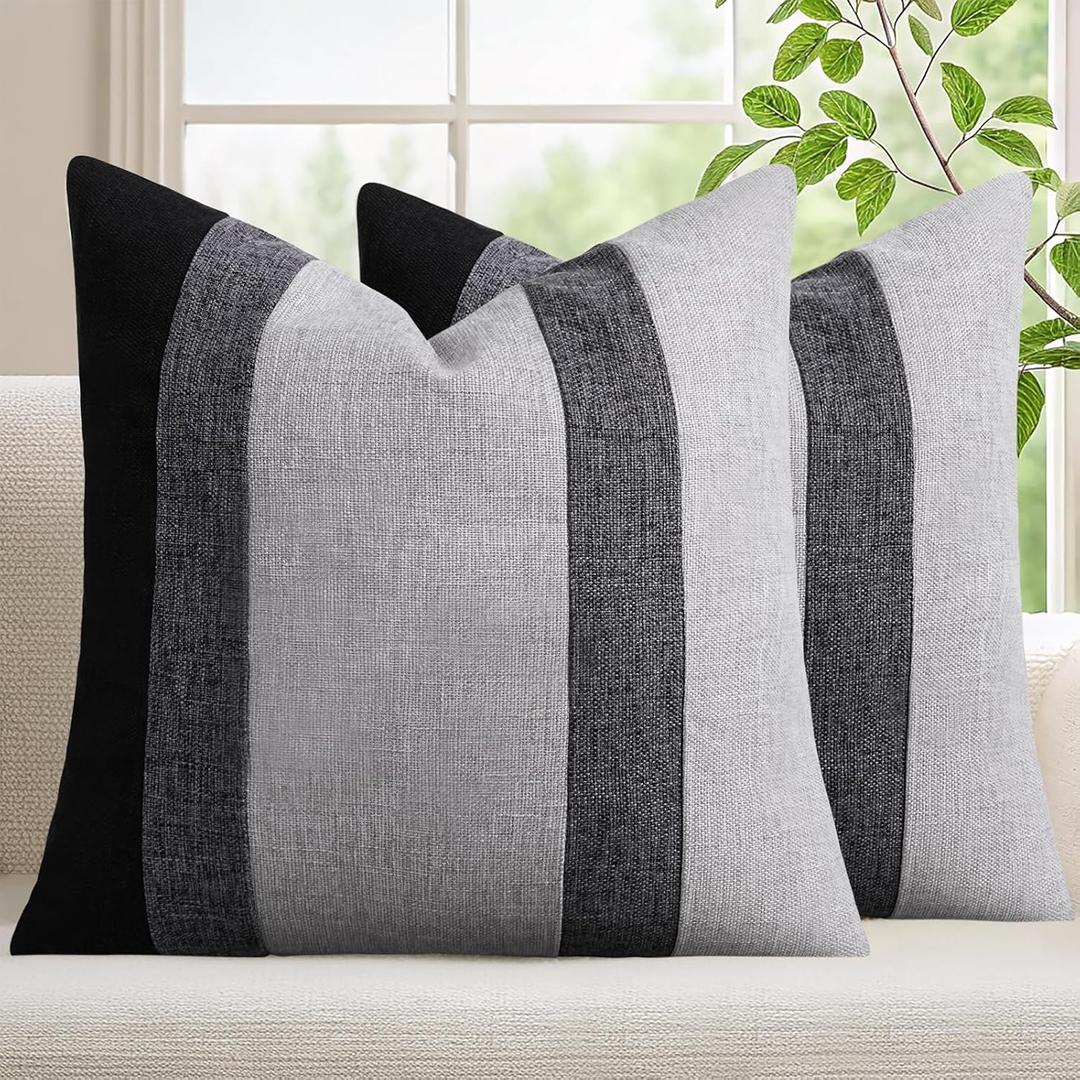 Adabana Modern Pillow Covers 18x18 Set of 2 Farmhouse Decor Patchwork Linen Cushion Covers for Living Room Couch Bed Black and Grey