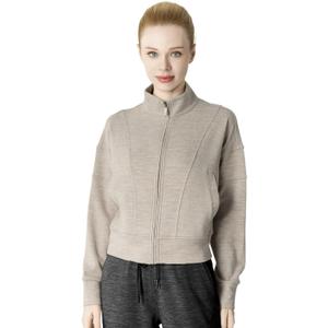 Women's Fleeced Performance Jacket - Full-Zip Stand-Up Collar, Warm Fleece for Winter Daily Wear (Beige, L)