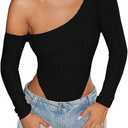 SweatyRocks Women's One Shoulder High Cut Long Sleeve Skinny Bodysuit Leotard Tops (Black, Small)