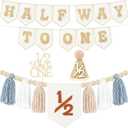 1/2 Birthday Boy Half Birthday Decorations  Half Way to One Banner Cake Topper Tassel Wood Bead High Chair Banner Hat for Boys and Girls 6 Months Birthday Decorations Party Supplies