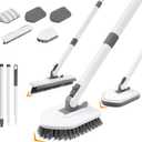4 in 1 Shower Scrubber Cleaning Brush, Tub and Tile Scrubber with Long Handle, Grout Brush Stiff Bristles Scrub Sponge Brushes Microfiber Pad, for Toilet Bathroom Kitchen Wall Floor Glass Bathtub Sink