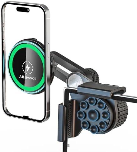 AiHiwvol for Qi2 15W Tesla Phone Mount Charger [Heat Restriction], Strong Suction Power for Tesla Model Y/3 Screen Magsafe Car Charger Fast Charging for iPhone 16 15 14 13 12 Series with 40″ C-C Cable