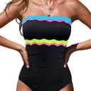 popvil One Piece Swimsuits for Women Tummy Control Strapless Bathing Suits 2026 Neon Bandeau Swimwear (Large, Black Lagoon)