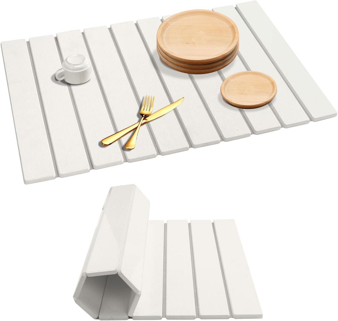 White Stone Drying Mat for Kitchen Counter, Foldable 24" x 16" Diatomaceous Earth Dish Drying Mat, Quick-Dry and Absorbent Mat for Dishes, Bottles, Cups, Bathroom or Countertops