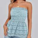 PRETTYGARDEN Women's Boho Tube Tops 2025 Summer Strapless Off Shoulder Eyelet Smocked Peplum Trendy Going Out Bandeau Top (Blue)