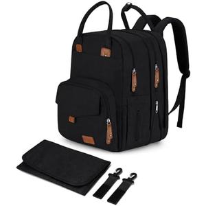 Qualyphant Extra Large Diaper Bag Backpack for Two Kids Twins - Expandable Baby Bag (26-36L), Dual Big Compartments - Includes Changing Pad & Stroller Straps, Unisex Black