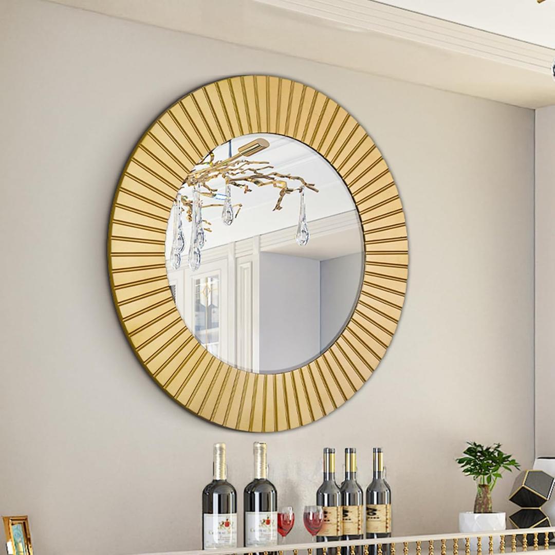 Chende Round Gold Mirror, 36'' Large Decorative Mirror for Wall with Wood Frame, Elegant Accent Gold Mirrors for Living Room, Entryway, Bathroom