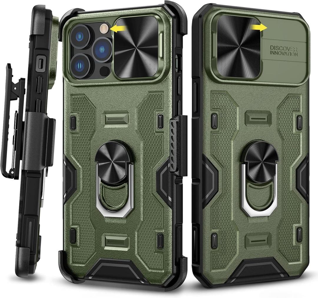 Caka for iPhone 13 Pro Max Case, iPhone 12 Pro Max Case with Kickstand & Belt-Clip Holster Camera Cover with Built-in 360 Rotate Ring Stand Magnetic Case for iPhone 13 Pro Max/12 Pro Max -Green