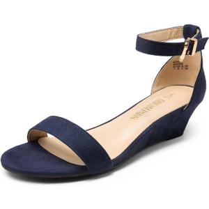 DREAM PAIRS Women's Ingrid Ankle Strap Low Wedge Sandal (5, Navy-suede-1)