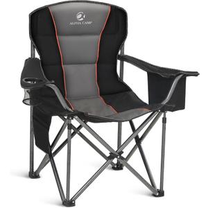 ALPHA CAMP Oversized Camping Chair Heavy Duty Lawn Chair with Cooler Bag Support 450 LBS Steel Frame Collapsible Padded Arm Quad Lumbar Back Folding Chair for Lawn Outdoor (1PC, Black)