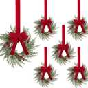 SHACOS 6 Pcs 10" Small Christmas Wreath Christmas Kitchen Cabinet Wreaths Artificial Snowy Pine Wreath for Cabinet Decorations Wreath with Red Berries and Ribbon Bow for Xmas Window Wall Chair Decor