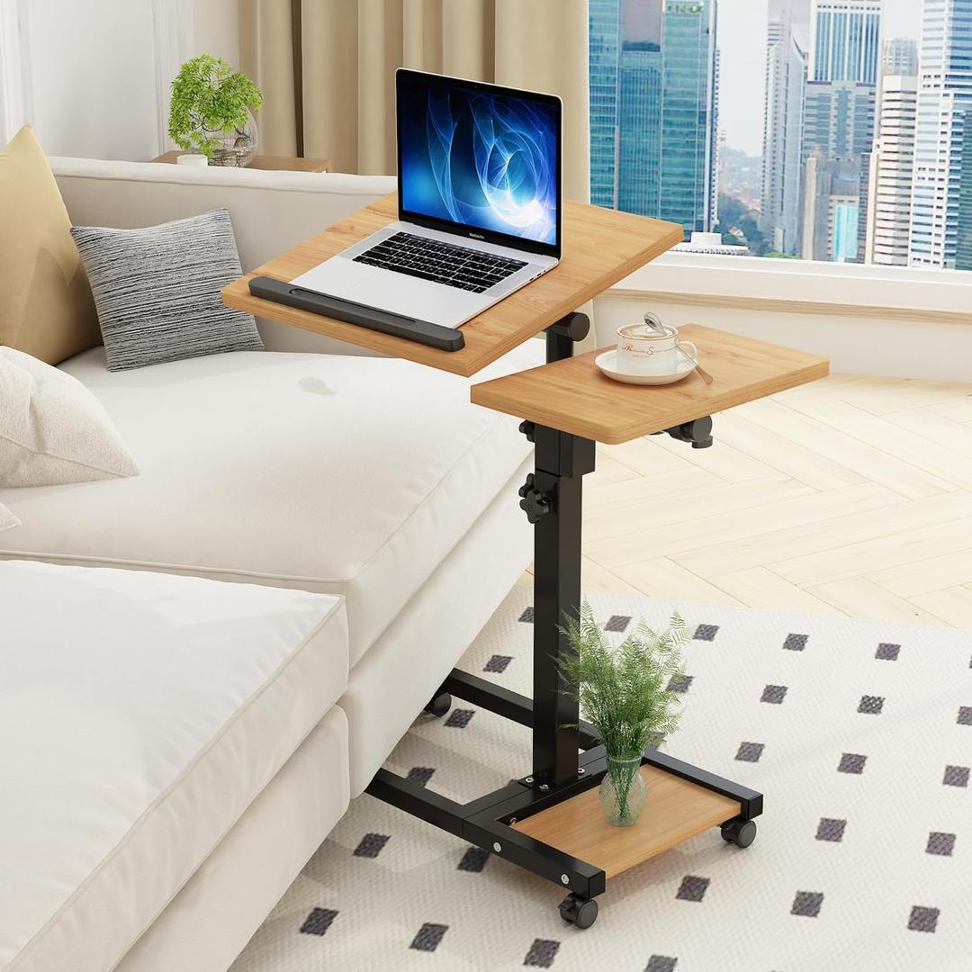 Laptop Desk Stand for Bed Portable Desk Overbed Bedside Mobile Laptop Table Rolling Foldable Table Adjustable Height with Locked Wheels & Mouse Pad for Office Sofa (Natural Color)