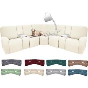 100% Waterproof Sectional Recliner Couch Covers for Reclining Couch L Shaped Corner Sectional Sofa Cover Jacquard Stretch L Shape Recliner Slipcovers (5 Seater 2 Console Cover, Pale Beige)