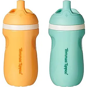 Tommee Tippee Insulated 9oz Sporty Spout Toddler Water Bottle, No Spill, Sippy Cups for Toddlers 13, TwoPiece Valve Helps Stop Spills, Light Blue & Orange, BPA Free, Pack of 2