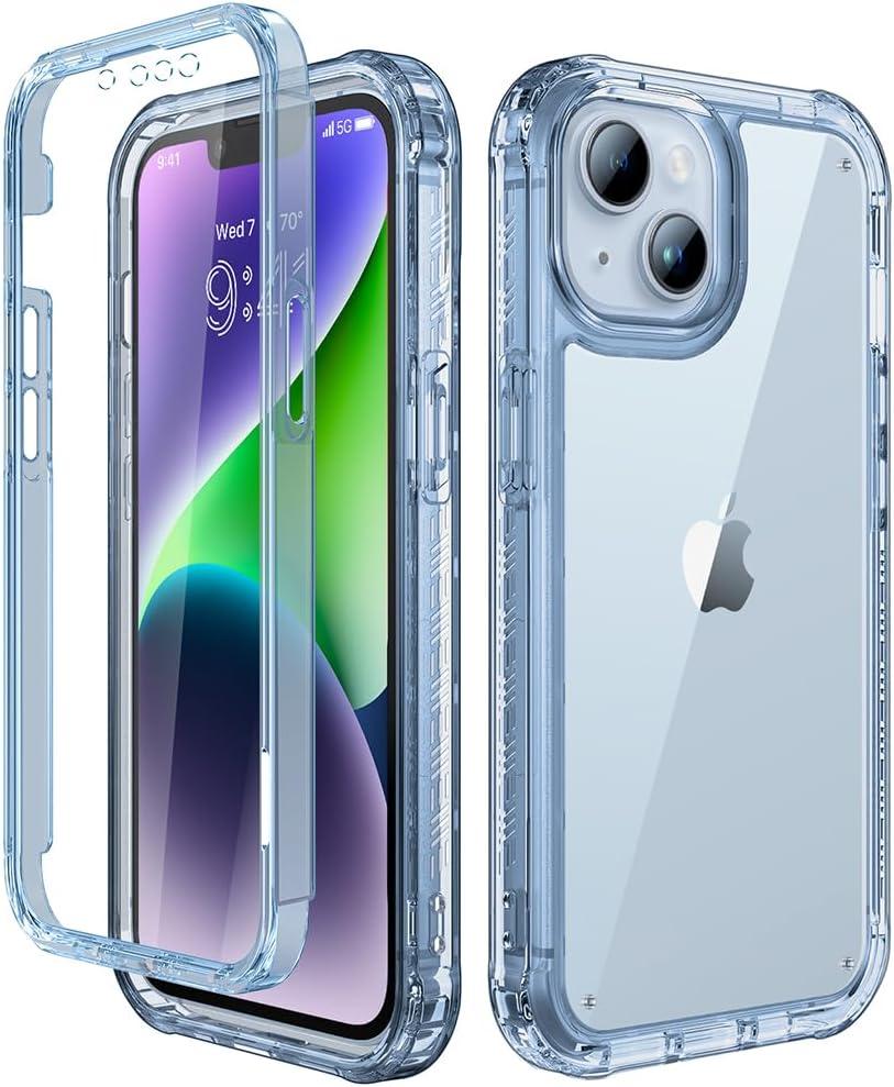 Lifedance Designed for iPhone 14/13 Case, Full-Body Rugged Protective Case with Built-in Screen Protector, 10 FT Military Grade Drop Protection Heavy Duty Shockproof Case, Clear Blue
