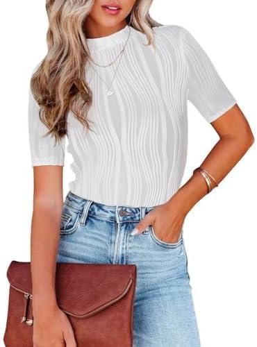 Womens Summer Tops Trendy Textured Mock Turtleneck Short Sleeve Casual Business Work Top Tee Blouses, XL, White