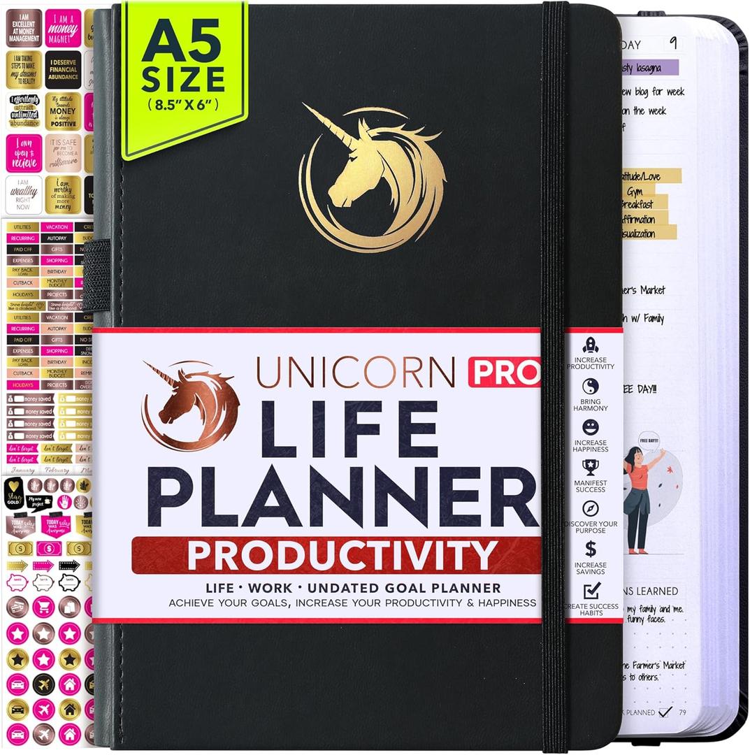 Life Planner - Undated Daily, Weekly & Monthly Planner with Budget Section | A 12 Month Journey to Increase Productivity & Happiness | Life Organizer & Gratitude Journal - Horizontal Format (UNICORN)