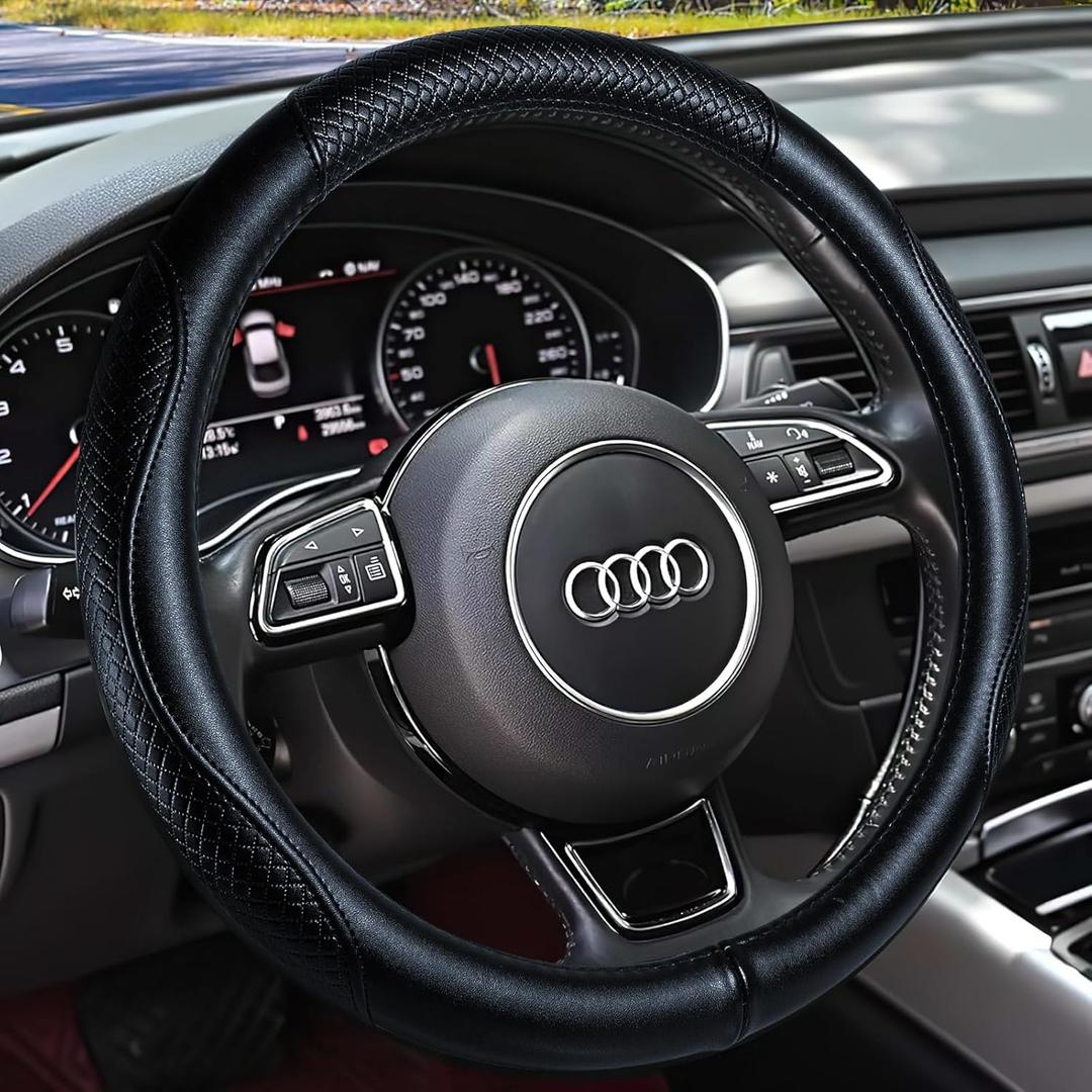 Haokay Heavy Duty Pure Cowhide Steering Wheel Cover, Genuine Leather Steering Cover with 15 Inches Universal Fit (BLACK-6)