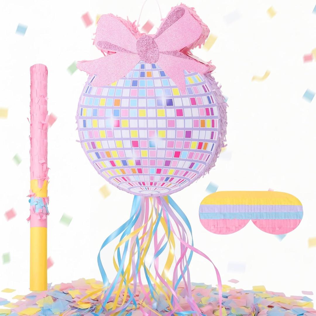 Disco Ball Piata with Bow Design Disco Ball Party Supplies with Piata Blindfold Bat Confetti for Birthday Party Supplies (14.96x12x2.76 Inch)