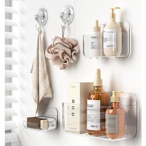 Shower Shelves, 5 Pack Adhesive Clear Acrylic Bathroom Shower Organizer Caddy, Transparent No Drilling Wall Mount Bathroom Storage with Soap Holder and Hooks
