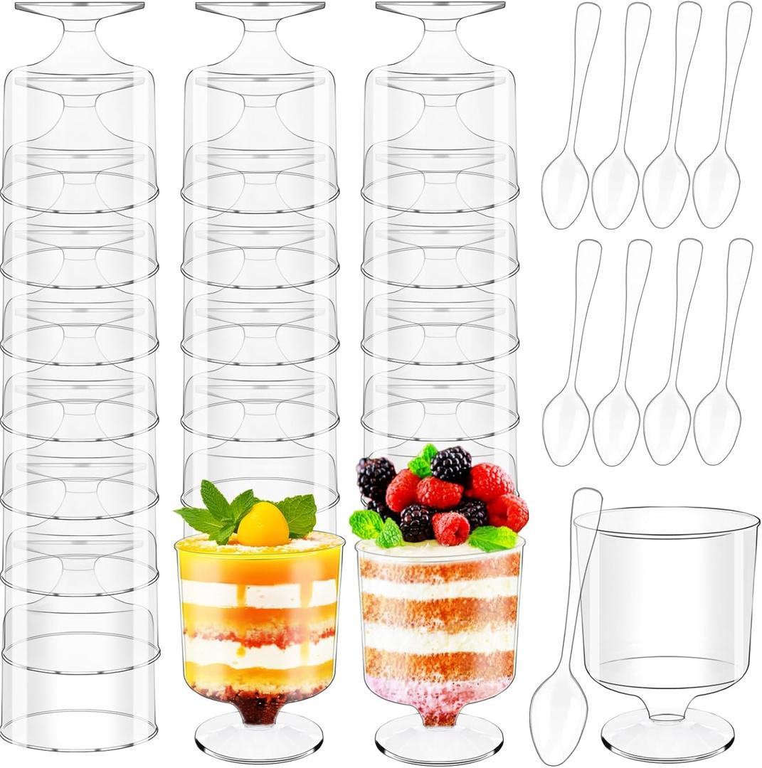 120 Pcs Dessert Cups with Spoons,60 Pcs 5 OZ Mini Clear Plastic Parfait Cup with 60 Pcs Spoons,Disposable Appetizer Bowl Round Serving Goblet Cup Wine Shot for Fruit,Ice Cream,Mousse Pudding