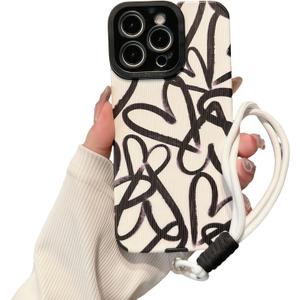Cute Graffiti Hearts Pattern Phone Case for iPhone 13 Pro Max, Soft TPU Full Protection with Wristband, Aesthetic Anti-Fingerprint Anti-Slip Design for Women & Girls