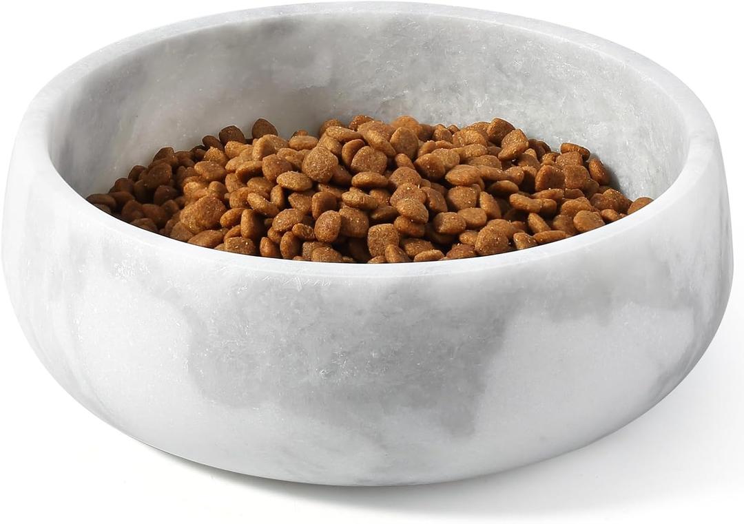 White Marble Dog Bowls, Non-Slip Dog Food Water Bowl Small, Heavy Duty Pet Bowl for Cats and Medium Dogs, Weighted African Natural Marble, Holds 4 Cups(5lbs)