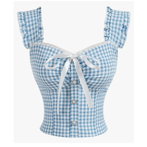 SweatyRocks Women's Bow Plaid Y2K Blouse Button Front Smocked Sleeveless Lace Tops,XS