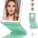 INFOOD Travel Makeup Mirror - Rechargeable LED Vanity Mirror 7.8x5 Inches with 1X/3X Magnifying, 3 Color Dimmable Light, Touch Screen, Foldable Design with Stand, Portable for Travel, Mint Green