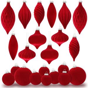 30PCS Burgundy Velvet Christmas Ornaments Various Shapes Flocked Ornaments for Christmas Tree Balls with Hanging Ropes, Shatterproof Plastic Balls Decorations for Holiday Party Indoor Home, Red
