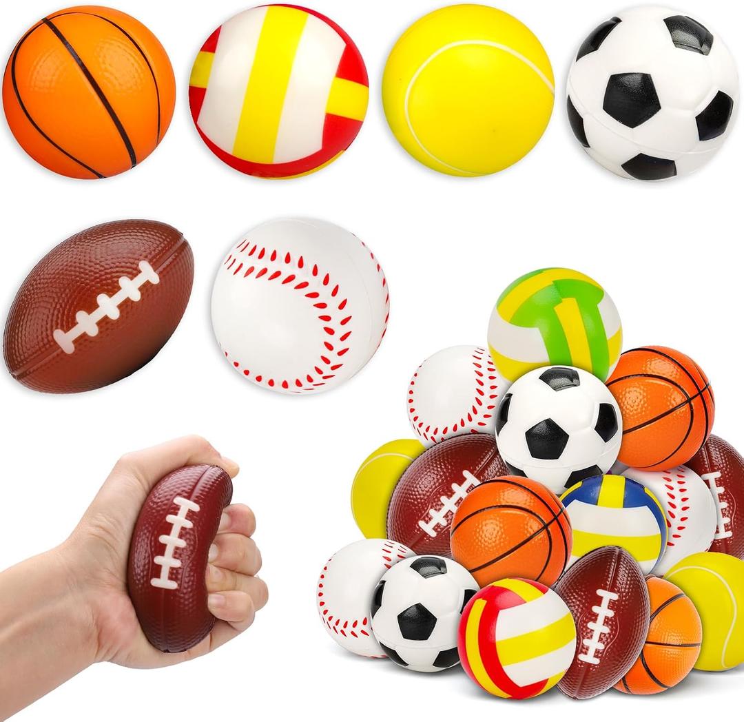 AugToy 24 Pack Stress Ball Classroom Prizes Party Favor for Kids Prefilled Easter Eggs Foam Sports Squeeze Toys Goodie Bag Stuffers Bouncy Balls Boys Baseballs Basketball Football Bulk Toys