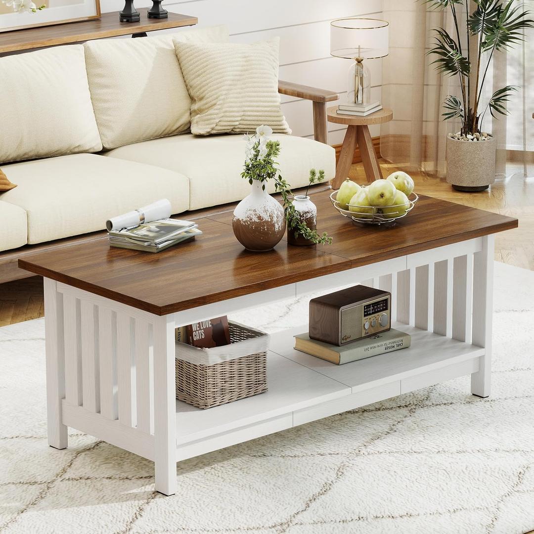 YOSHOOT 47.2" Farmhouse Coffee Table - Coffee Tables for Living Room, Small Coffee Table with Storage, Center Table for Living Room, Bedroom, Office, White, 21.65"D x47.24"W x 18.7"H