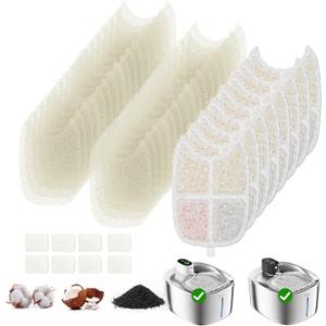 WILKIEE Filters Replacement Filter for FS10 Plus Cat Fountain, 6 Layer Filter, Pet Drinking Fountain for 138 fl oz/4.1L FS10 Plus (White, 8 Filters + 32 Sponges & 8 Pump Filters)