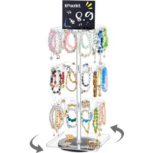 4-tier Bracelet Holder 360 Rotating Acrylic Bracelet Display Stand with 60 Hooks, Jewelry Holder Organizer with Tray, Jewelry Display Stand with Advertising Board for Bangles Keychain Earrings Vendor