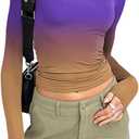 Women's Long Sleeve Crop Top Fitted Y2K Shirt Purple Yellow M