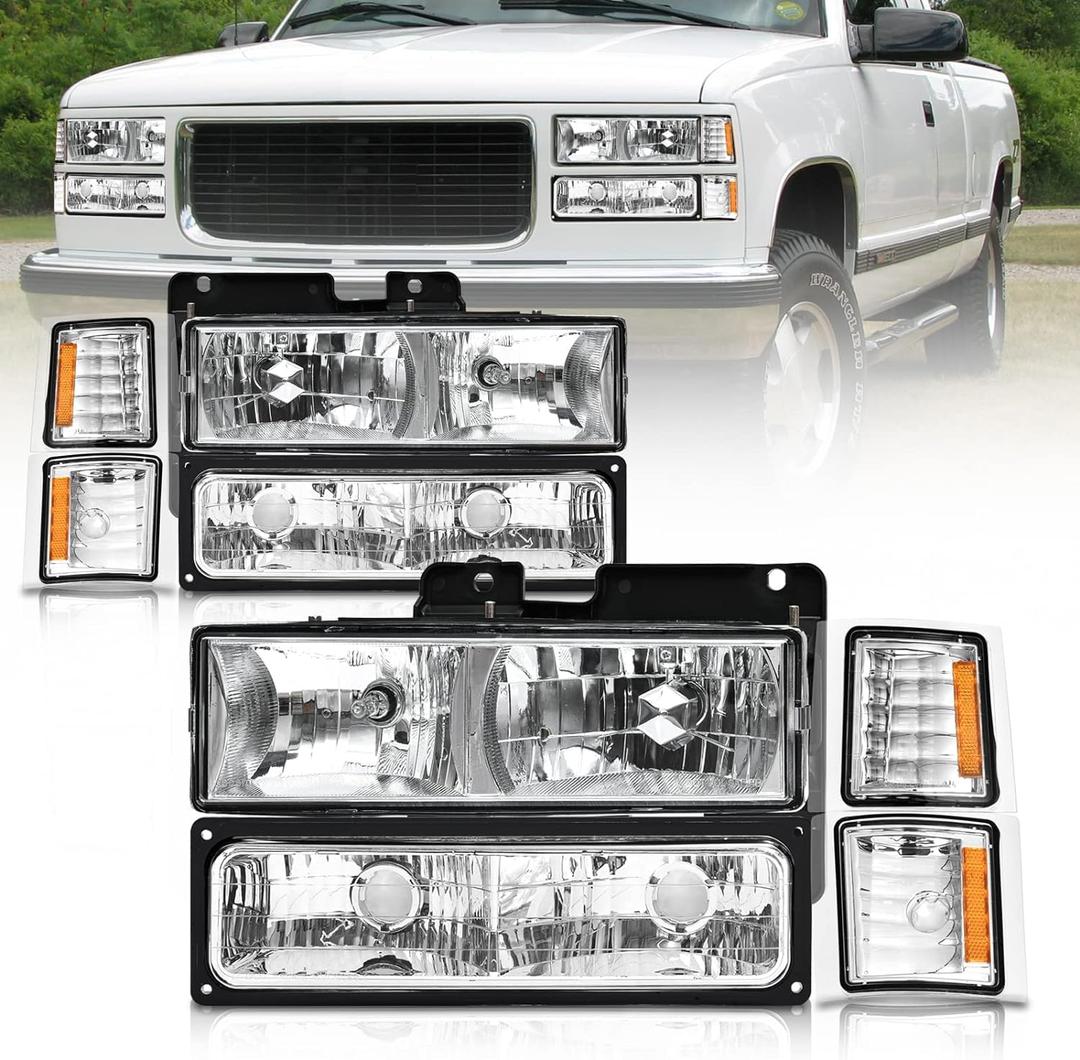 AS Headlights Assembly For 1994 1995 1996 1997 1998 Chevy Silverado / 94 95 96 97 98 Tahoe/Suburban/C10 Chrome Housing Headlight+Corner+Bumper Lights Pair (WHITE)