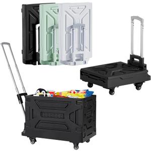 VECELO 23 GAL 2-in-1 Foldable Shopping Cart, Collapsible Utility Cart with Adjustable Handle & 360 Wheels, Dual-Mode Rolling Crate (Basket/Flatbed) for Groceries, Camping, Compact Storage, Black