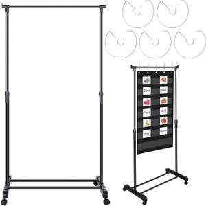 Fuyoooo Adjustable Pocket Chart Stand Stainless Steel Expandable Chart Stand with Casters Rolling Anchor Holder with 5 Rings for Classroom Home Educational Tools, Adjustable to 63 Inch(Black)