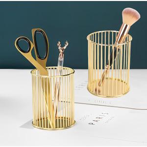 Gold Pen Holder for Desk, Metal Pencil Holders Makeup Brushes Cup for Preppy Room Decor Office Home Bedroom School Organizer Toothbrush Holder Gold Decor Aesthetic Gift Accessories