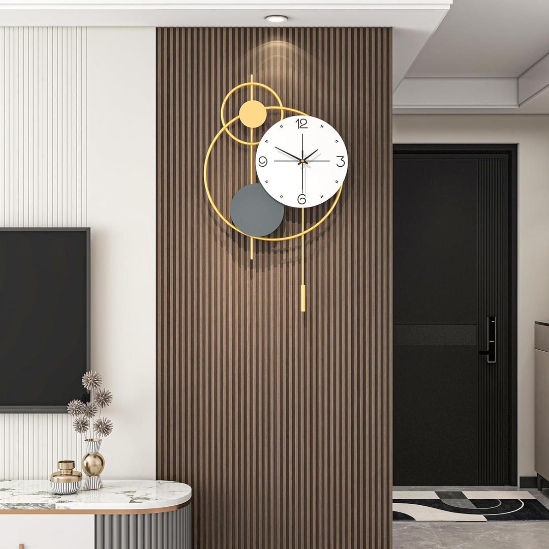 Large Modern Wall Clock for Living Room Decor 24 Inch Big Decorative Gold Metal Wall Clock with Pendulum for Home Bedroom Kitchen Office Battery Operated Non Ticking Decoration Clocks Wall